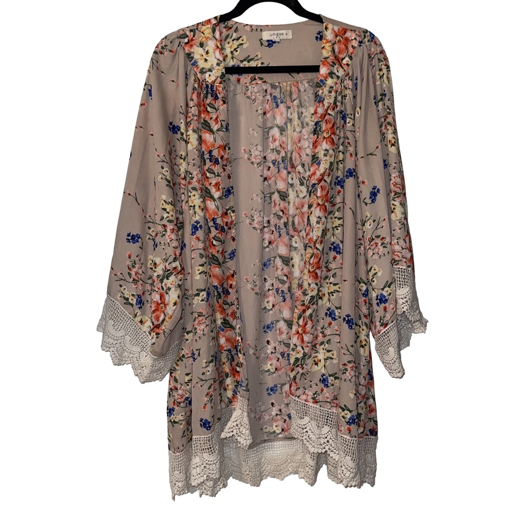 Umgee Colorful Lace Kimono Boho Mixed Prints Floral Cardigan Festival Size XXXL